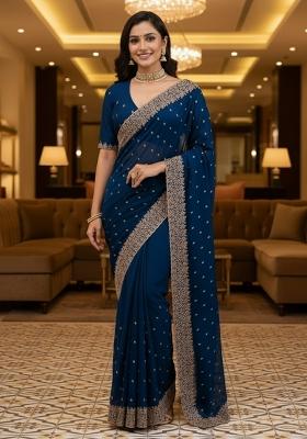 Blue Embroidered Silk Blend Saree Set