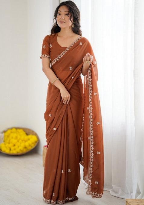 Brown Embellished Georgette Saree Set