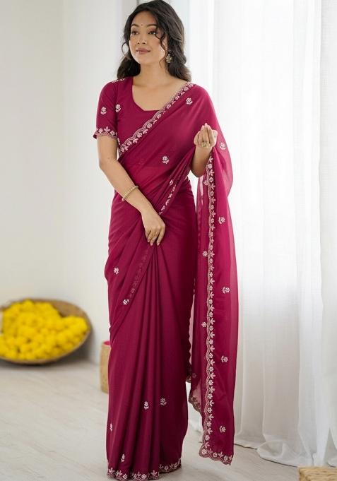 Magenta Embellished Georgette Saree Set