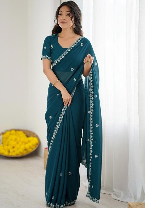 Teal Green Embellished Georgette Saree Set
