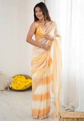 Yellow Embellished Satin Saree Set