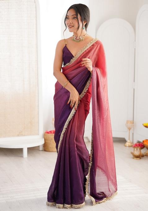 Mauve Embellished Silk Saree Set — view on Indya