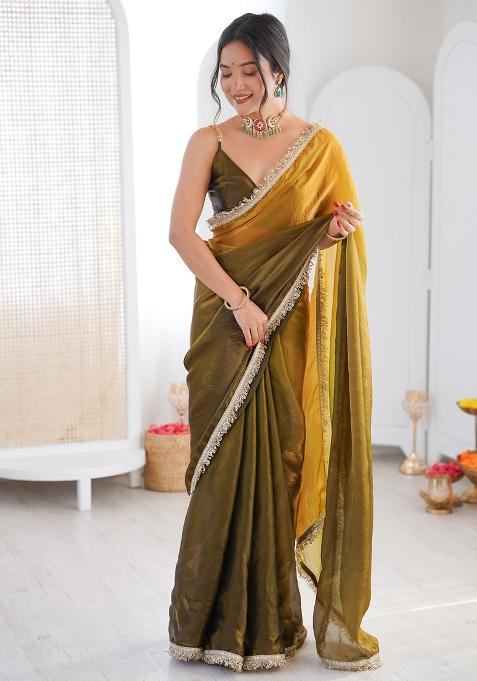Olive Embellished Silk Blend Saree Set