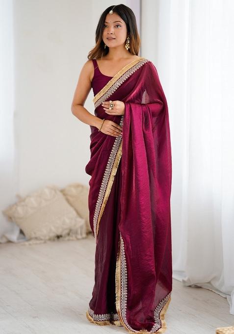 Wine Embellished Satin Saree Set
