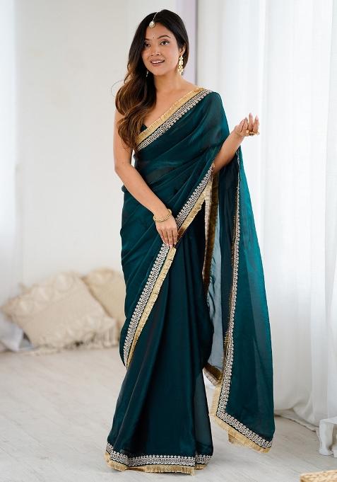 Teal Green Embellished Satin Saree Set — view on Indya