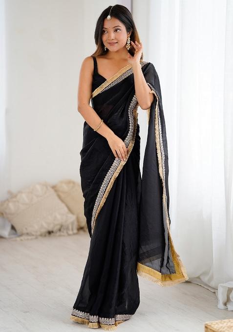 Black Embellished Satin Saree Set