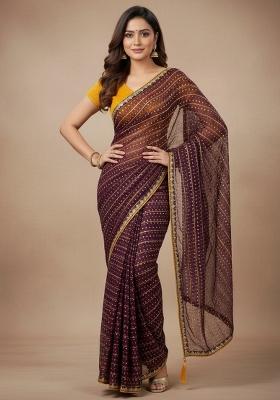 Burgundy Embellished Silk Blend Saree Set