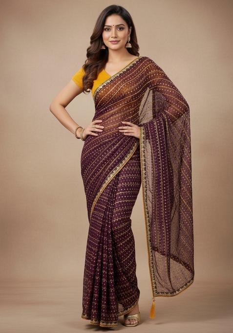 Burgundy Embellished Silk Saree Set — view on Indya
