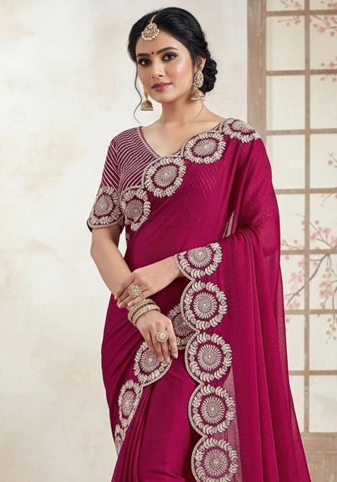 Pink Embellished Satin Saree Set