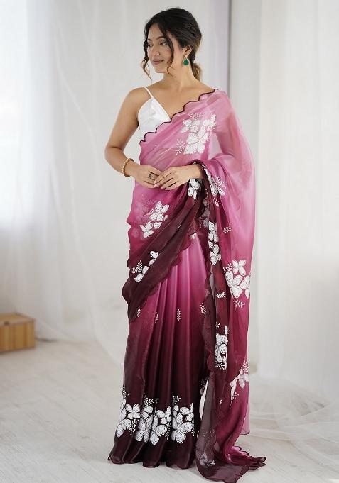 Pink Embellished Organza Saree Set — view on Indya