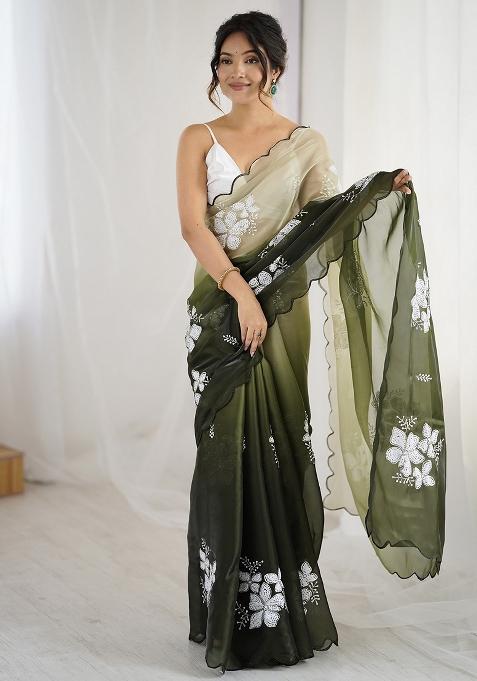 Green Embellished Organza Saree Set — view on Indya