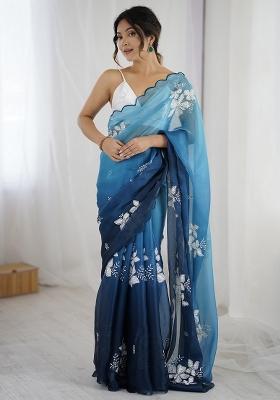 Navy Blue Embellished Organza Saree Set