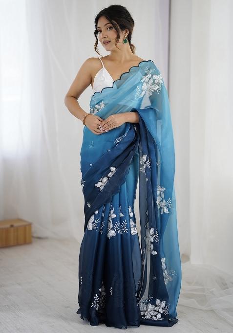 Navy Blue Embellished Organza Saree Set