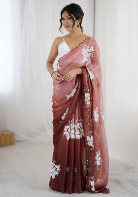 Brown Embellished Organza Saree Set