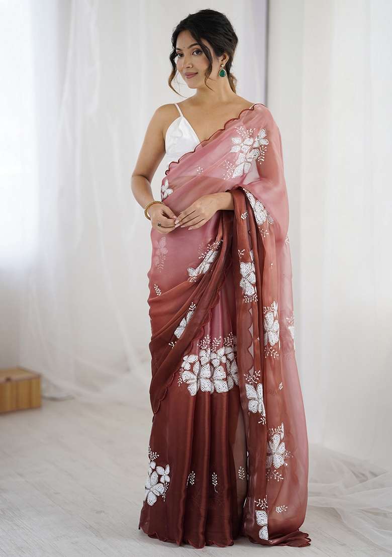 Brown Embellished Organza Saree Set for Diwali and Festive Wear - Indya