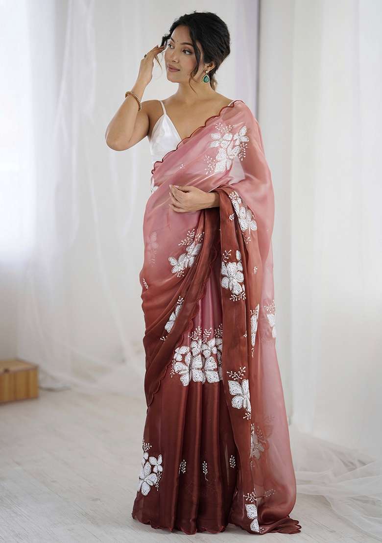 Brown Embellished Organza Saree Set for Diwali and Festive Wear - Indya