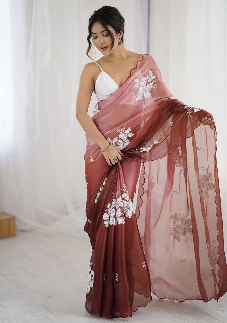 Brown Embellished Organza Saree Set for Diwali and Festive Wear - Indya