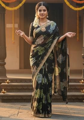 Black Printed Georgette Saree Set