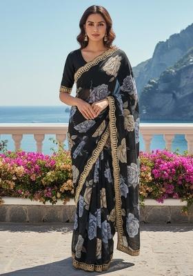 Black Printed Georgette Saree Set