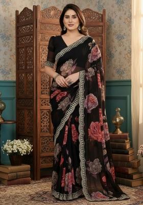 Black Printed Georgette Saree Set