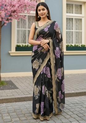 Black Printed Georgette Saree Set