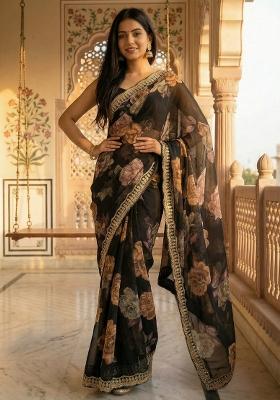 Black Printed Georgette Saree Set
