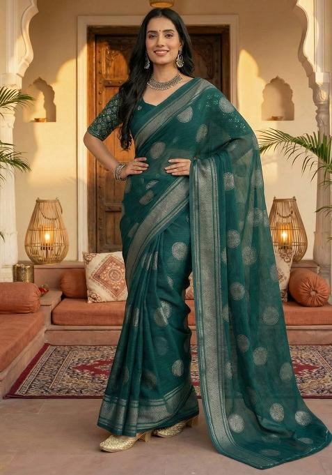 Teal Blue Embellished Georgette Saree Set — view on Indya