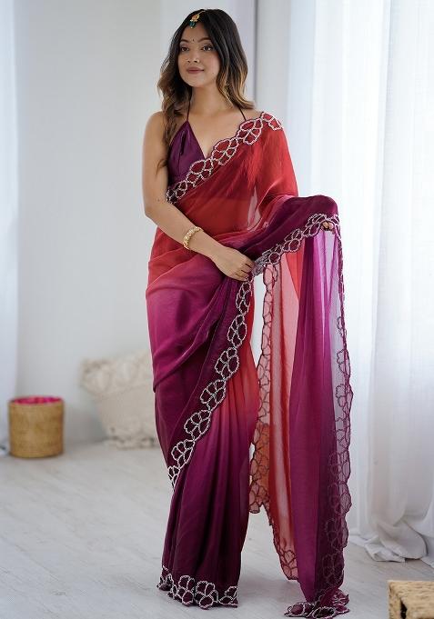 Magenta Embellished Satin Saree Set