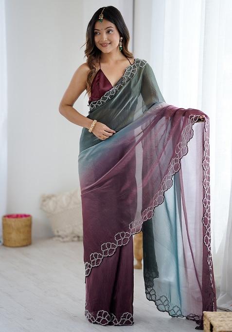 Metallic Embellished Satin Saree Set