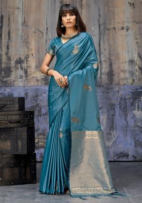 Teal Blue Woven Design Silk Blend Saree Set