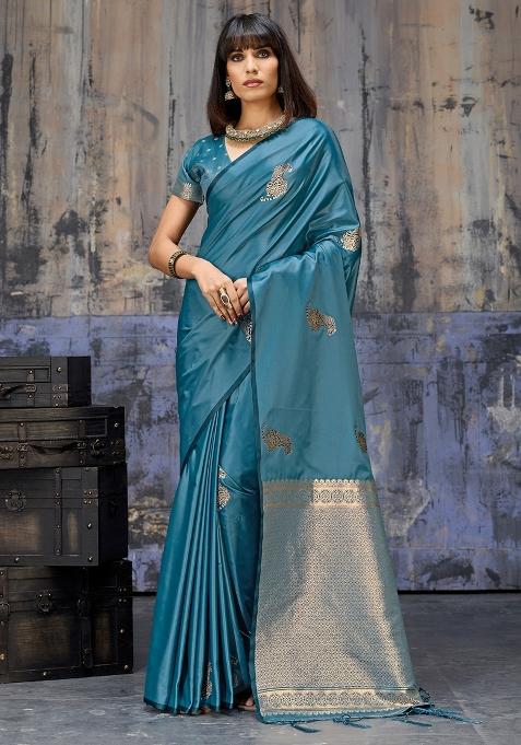 Teal Blue Woven Design Silk Saree Set — view on Indya