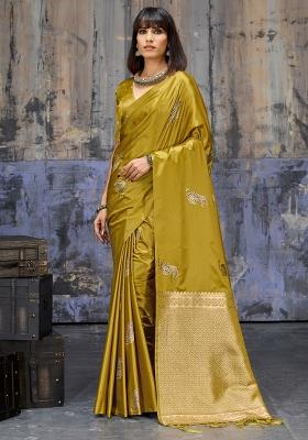 Mustard Woven Design Silk Blend Saree Set