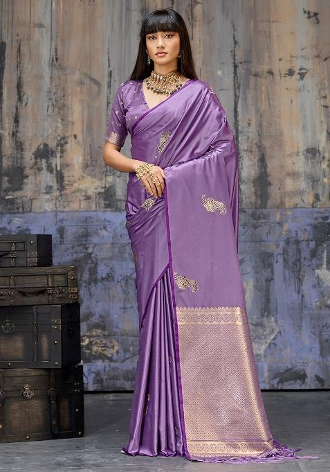 Lavender Woven Design Silk Saree Set