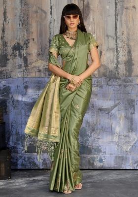 Olive Woven Design Silk Blend Saree Set