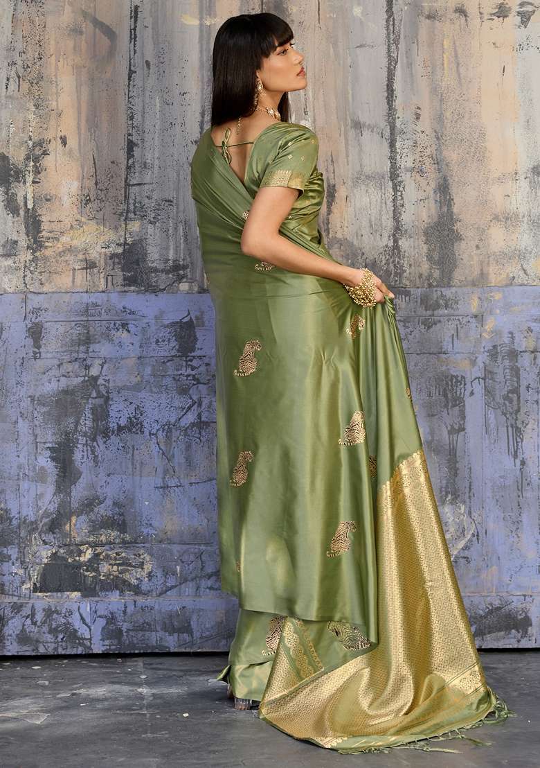 Olive Woven Design Silk Blend Saree Set for Diwali | Wedding & Festive Wear - Indya
