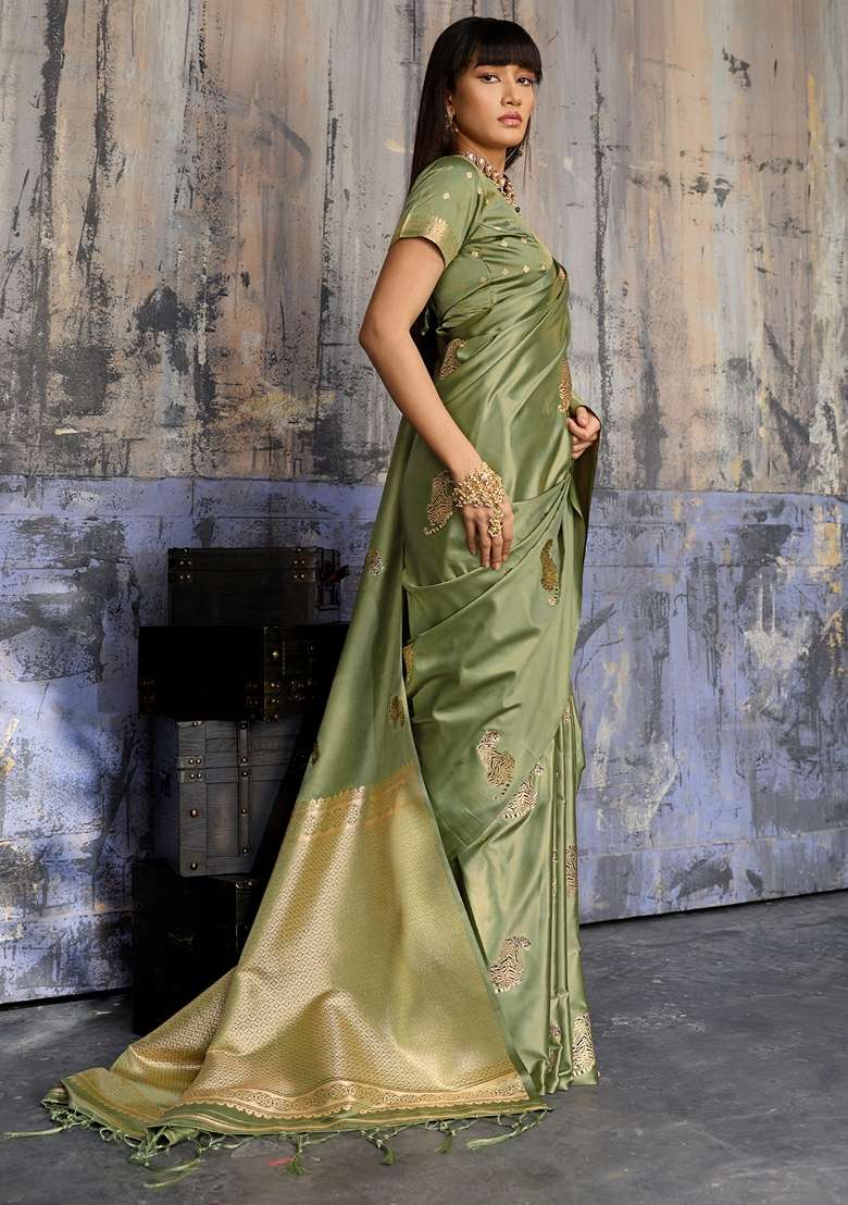 Olive Woven Design Silk Blend Saree Set for Diwali | Wedding & Festive Wear - Indya