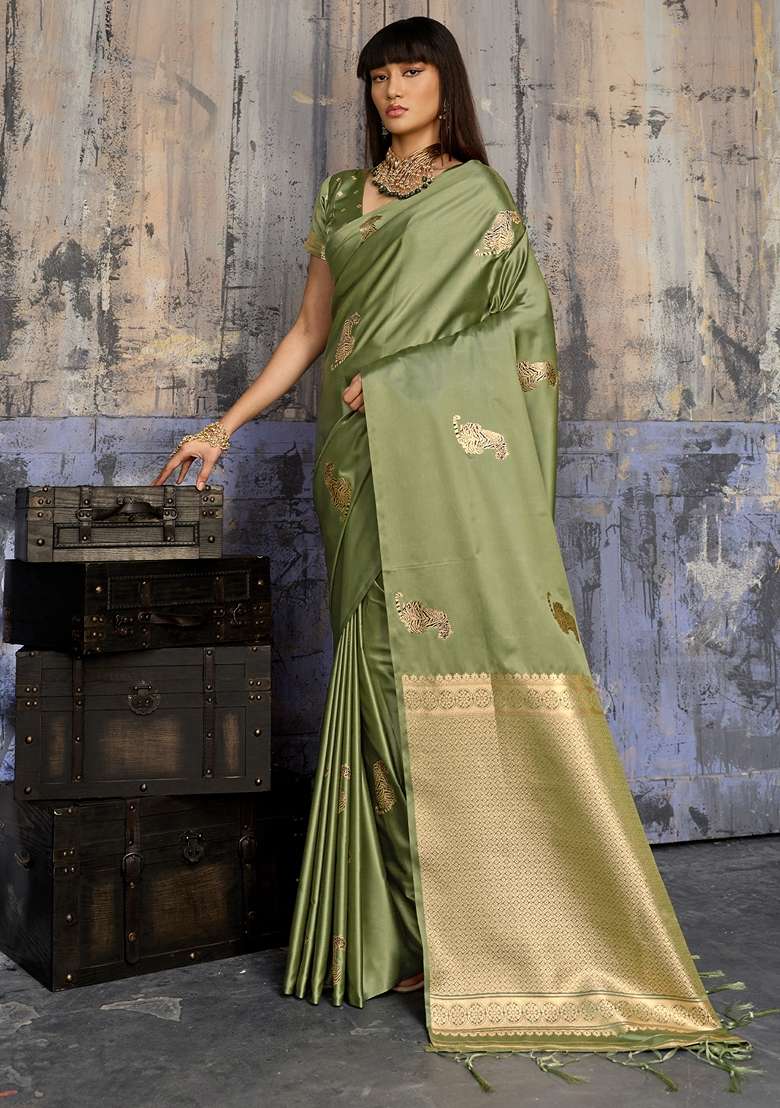 Olive Woven Design Silk Blend Saree Set for Diwali | Wedding & Festive Wear - Indya