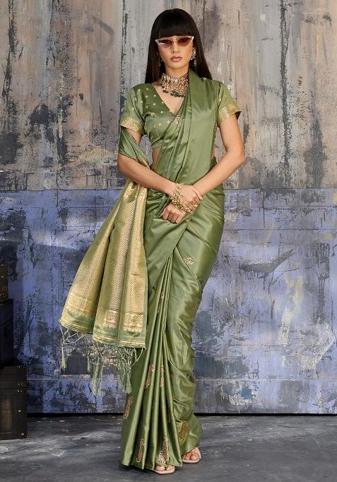 Olive Woven Design Silk Blend Saree Set