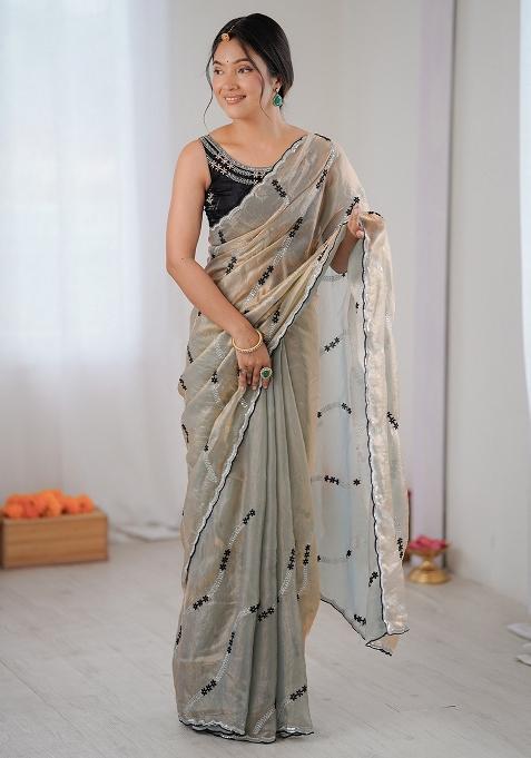 Silver Embellished Satin Saree Set — view on Indya