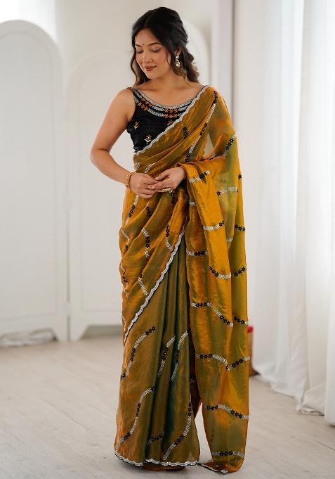 Golden Embellished Satin Saree Set