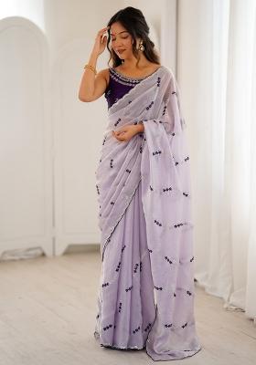 Lavender Embellished Satin Saree Set
