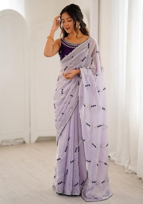 Lavender Embellished Satin Saree Set