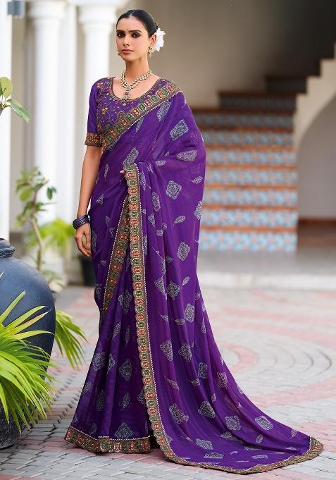 Purple Printed Georgette Saree Set