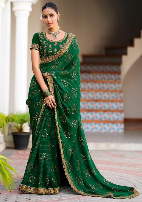 Green Printed Georgette Saree Set — view on Indya