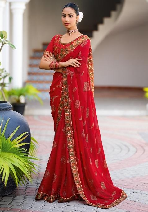 Red Printed Georgette Saree Set