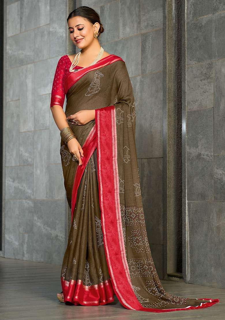 Dark Brown Printed Georgette Saree Set - Indya