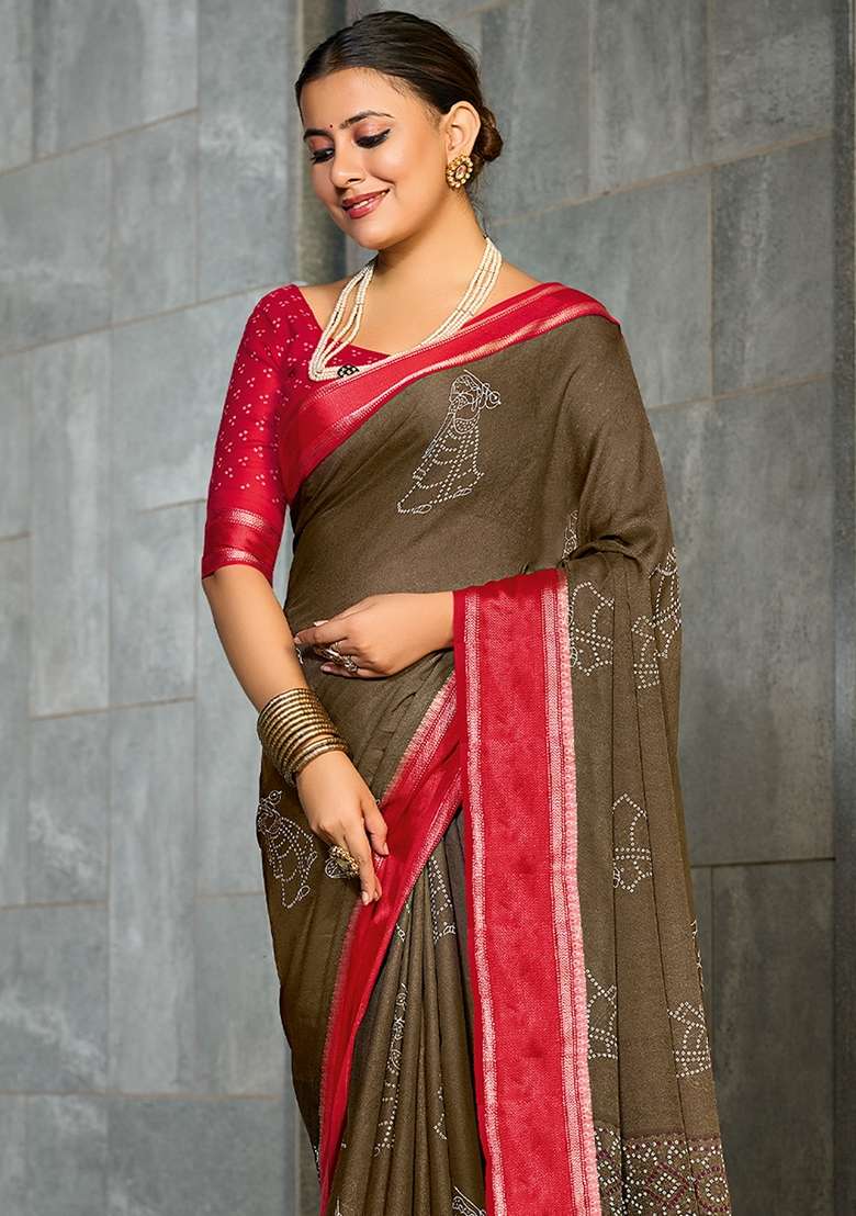 Dark Brown Printed Georgette Saree Set - Indya