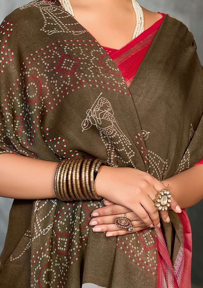 Dark Brown Printed Georgette Saree Set - Indya