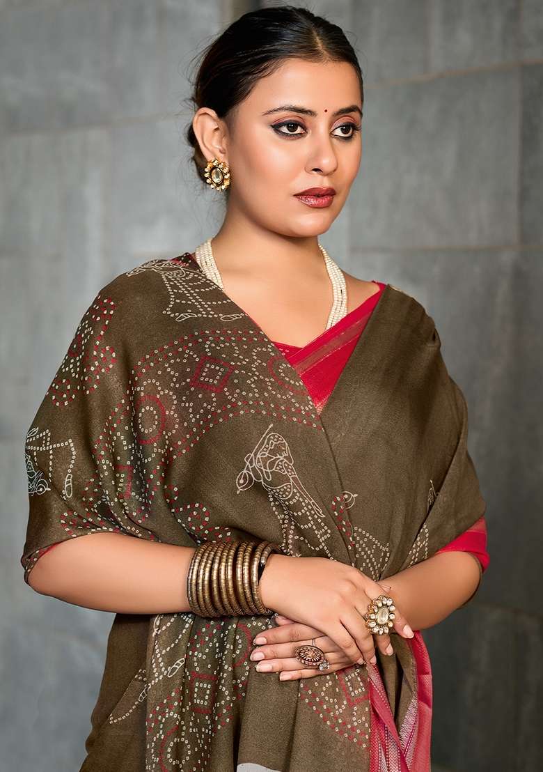 Dark Brown Printed Georgette Saree Set - Indya
