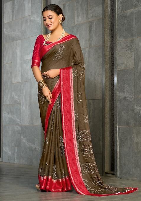 Dark Brown Printed Georgette Saree Set